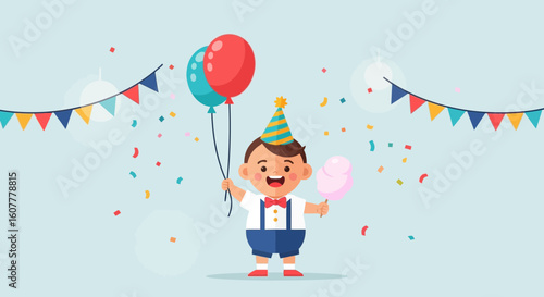 Joyful Celebration Of Cute Boy With Balloons And Cotton Candy Birthday Bash