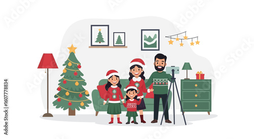 Happy Family Taking Self Portrait During Christmas Time At Home