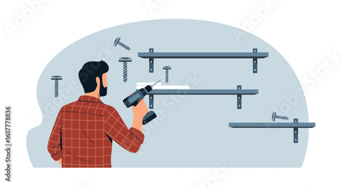 Man Installs Floating Shelves With an Electric Screwdriver For Home Improvement