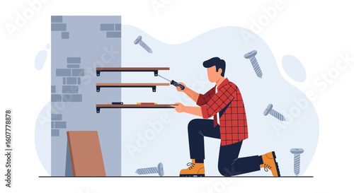 Man Installs Shelves In An Apartment With A Screwdriver And Some Screws