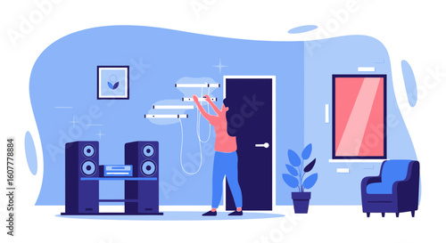 Man Installs Fluorescent Lights Improving The Lighting Setup In His Room