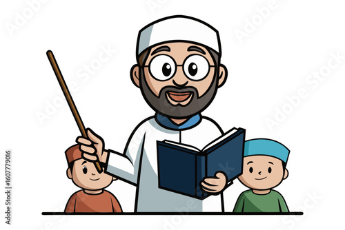 A kind elderly muslim man wearing a white kufi and glasses reads an open book while sitting on stacked books
