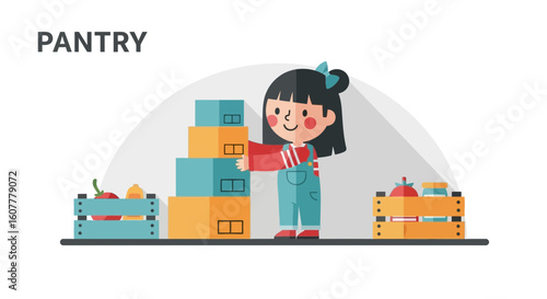Happy Girl Arranging Boxes And Foodstuffs In The Kitchen Pantry Room