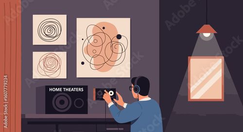 Man Listening To Music In Home Theater With Abstract Art Decorations