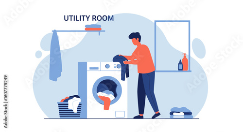 Man Loads Clothes Into Washing Machine In Bright Laundry Room Interior Scene