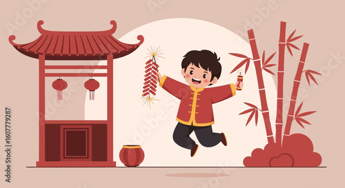 Joyful Celebration Youngster Jumps With Fireworks For Traditional Lunar New Year