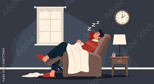 Man Napping In An Armchair Late At Night In A Cozy Room