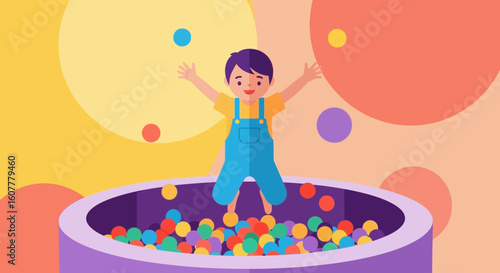 Joyful Child Plays In A Colorful Ball Pit At The Amusement Park