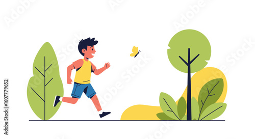 Joyful Childhood Pursuit Boy Chasing Butterfly In Sunny Park Illustration