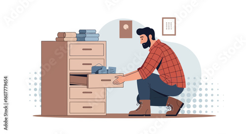 Man Organizes Clothes in Wooden Dresser with Neat Tidy Home Lifestyle