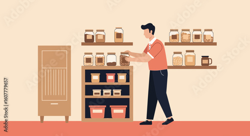 Man Organize Variety Of Dry Food Ingredient In Glass Jars On Shelves Illustration