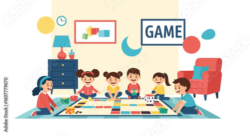 Joyful Children Engaging In Animated Board Game Indoor Fun Vector Illustration
