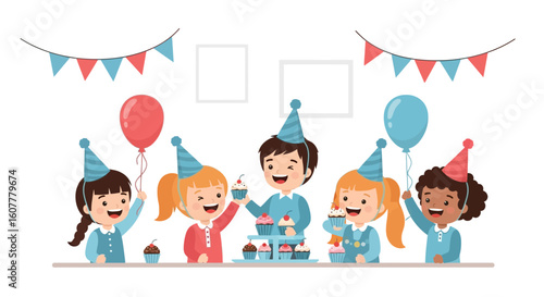 Joyful Children Celebrate Birthday With Cupcakes Balloons And Decorations At Party