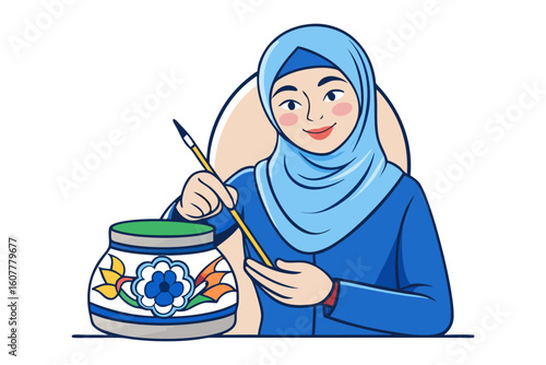 A bearded man in traditional robes prepares ink or dye from jars and utensils