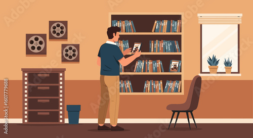 Man Organizes His Collection Of Memorabilia And Film Reels At Home