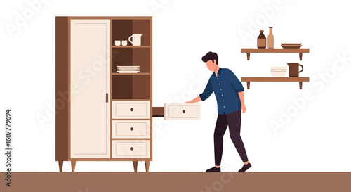 Man Organizing Kitchenware In Storage Cabinet Or Cupboard At Home Interior