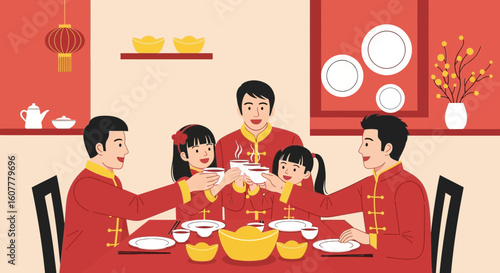 Joyful Chinese Family Celebrating Lunar New Year Around Dining Table Together