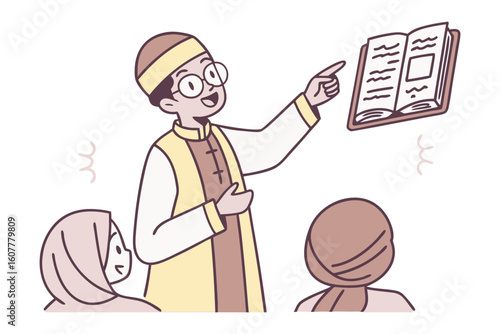 Muslim cleric delivers sermon from minbar with holy quran in hand standing on steps