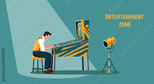 Man Playing Pinball At Retro Entertainment Arcade Under A Spotlight