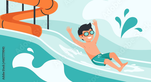 Joyful Descent Boy Having Fun on Water Slide in a Summer Day
