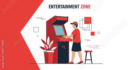 Man Plays Video Arcade Game Machine Vector Design Flat Illustration