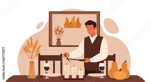 Man Prepares A Romantic Dinner With Candles And Wine Glasses Celebration