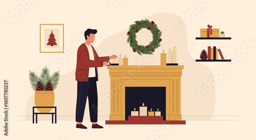 Man Preparing For Christmas Lighting Candles On Fireplace In Cozy Living Room