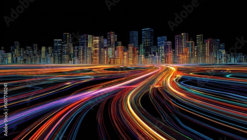 Night city skyline, light trails, futuristic highway, data flow, tech concept