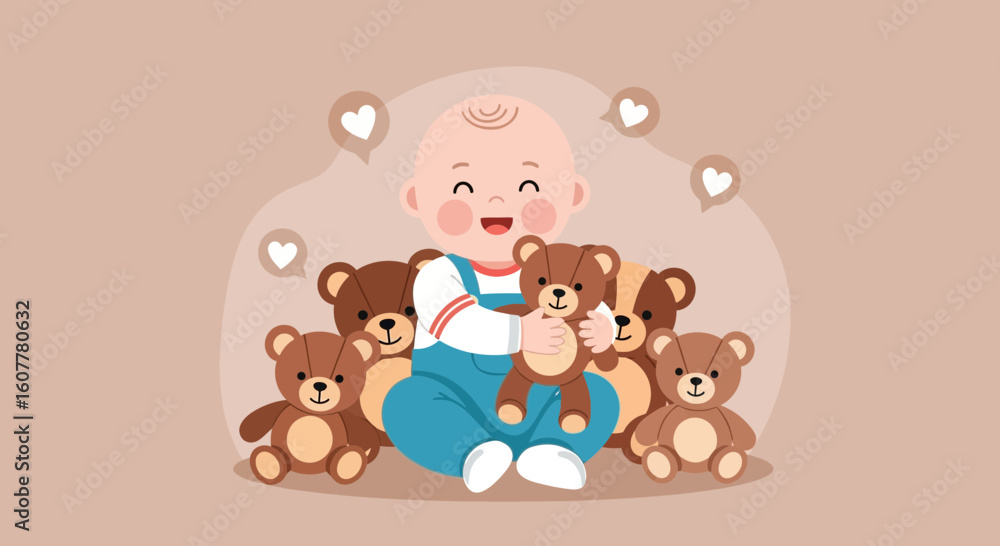 Obraz premium Joyful Infant Surrounded By Plush Teddy Bears Showcasing Affection And Love