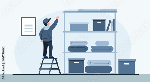 Man Reaching For Item On Storage Shelf Standing On A Step Ladder