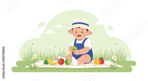 Joyful Infant Enjoying a Refreshing Picnic Outdoors In A Beautiful Illustration