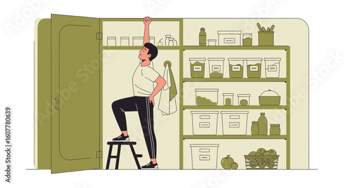 Man Reaching High Shelf In Organized Pantry With Jars And Food Storage