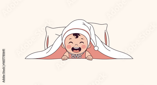Joyful Infant Wearing Nightcap Resting Happily on Pillow Covered by Light Blanket