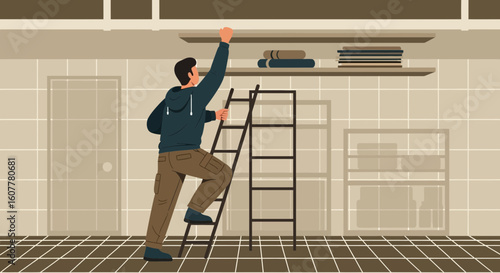 Man Reaching For Shelf On A Ladder In Storage Room Illustration