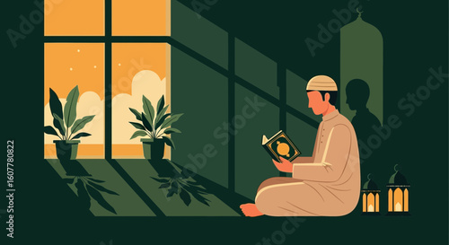 Man Reads Quran By The Window With Lanterns During Ramadan