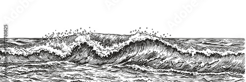 Sea wave border at the bottom — vintage black and white engraving sketch decorative element for invitations, cards and banners

