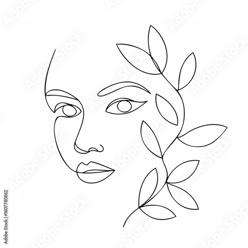 Elegant woman face with botanical elements line art