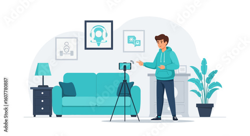 Man Recording a Video Blog at Home Presenting Information on Camera