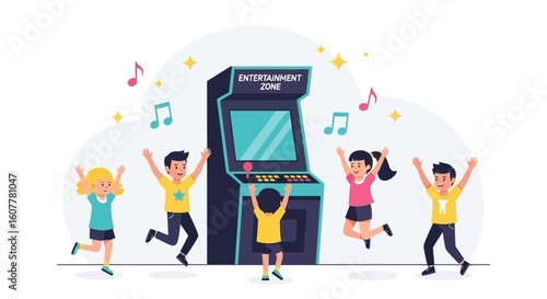Joyful Kids Experiencing Fun And Excitement In Entertainment Zone Arcade