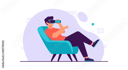 Man Relaxing In Armchair Experiencing Immersive Virtual Reality Headset Simulation