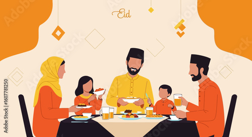 Joyful Muslim Family Sharing Traditional Meal Together During Eid Celebration