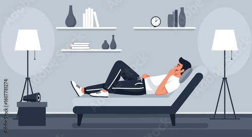 Man Relaxing On Couch Watching A Movie With Projector At Home