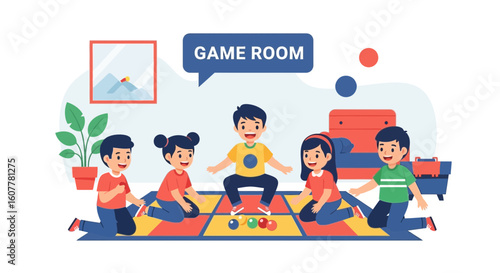 Joyful Playtime A Group Of Cheerful Children Enjoys Games Together In A Bright Room