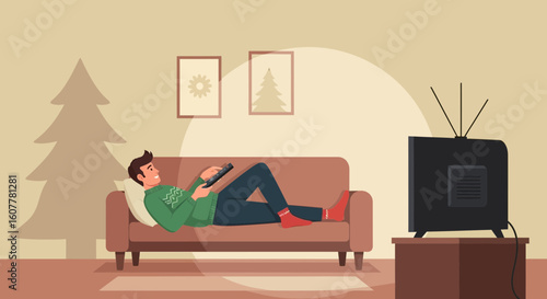 Man Relaxing On Couch Watching Television During Festive Season Indoors