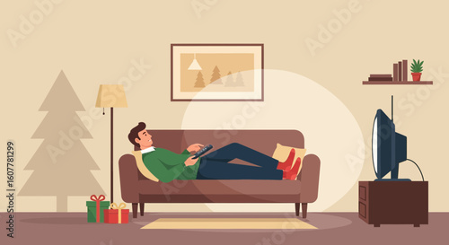 Man Relaxing On Couch Watching Tv During Winter Holidays At Home
