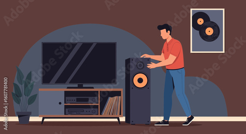 Man Setting Up Sound System In Living Room At Home