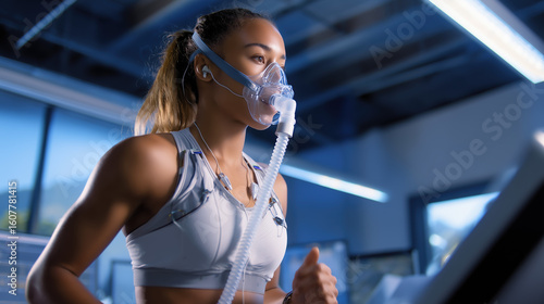 Focused athlete running on a treadmill with a breathing mask, during a medical study.