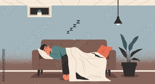 Man Sleeping On Couch Taking A Nap Indoor Relaxing At Home