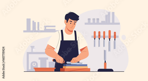 Man Sharpening Blade In Workshop Doing Carpentry At Table Illustration