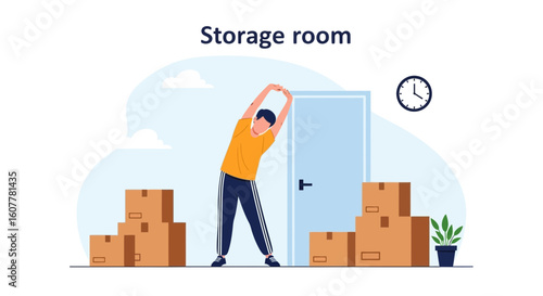 Man Stretching After Packing Boxes In Storage Room Illustration Vector